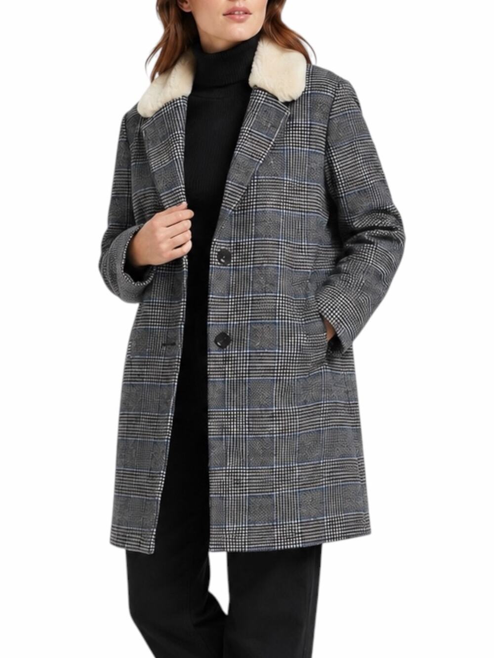 Levi's Amaya Wool Blend Houndstooth Plaid Coat Faux Fur Gray Blue Size L